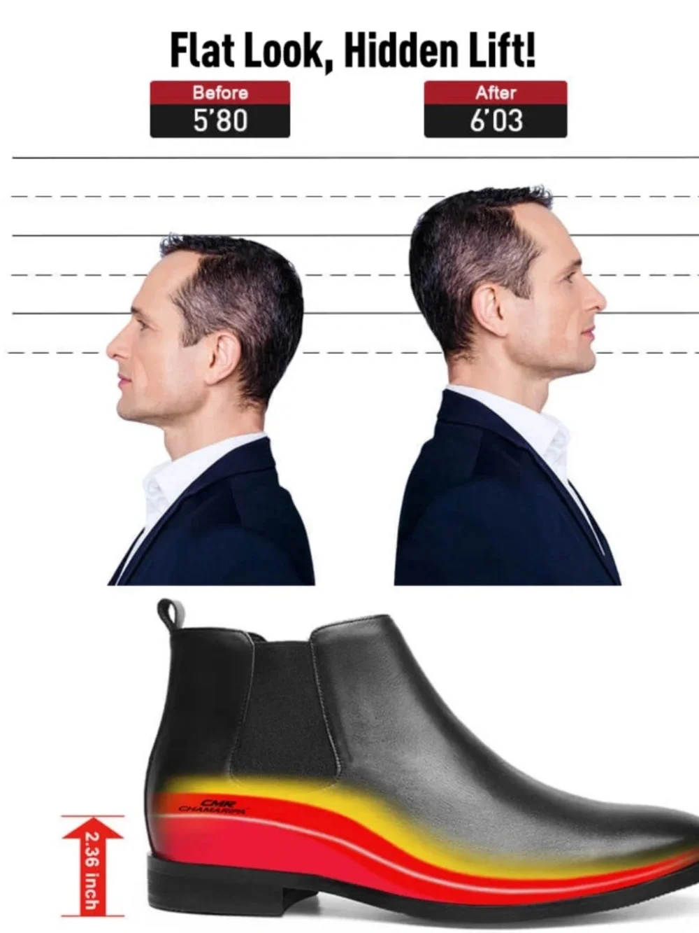 CMR CHAMARIPA Elevator Shoes Height Increasing Chelsea Boots Men 2.36